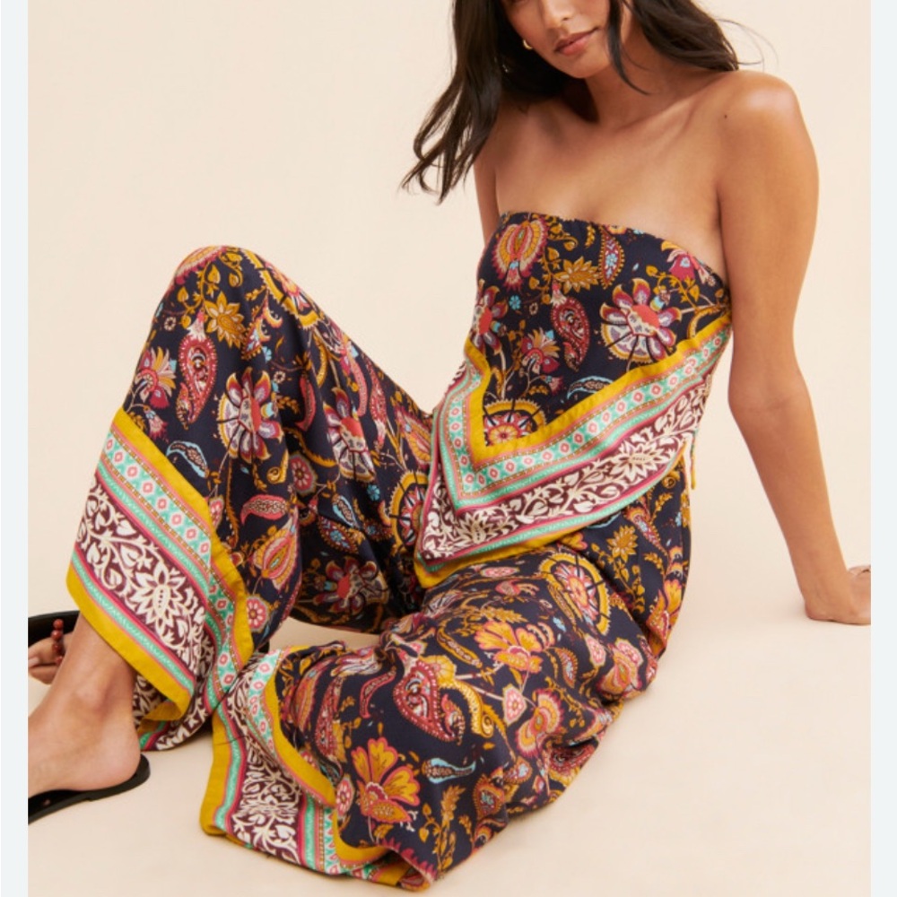 Anthropologie Bohemian Strapless Jumpsuit - Navy and Yellow